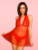 Полупрозрачное платье-бебидолл с кружевным лифом и стрингами Amor El, красное - L/XL