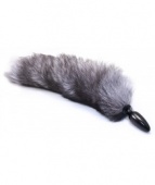 АНАЛЬНАЯ ПРОБКА ЧЕРНАЯ С ЛИСЬИМ  ХВОСТОМ СЕРЫМ ДЕРЕВО НАТУРАЛЬНЫЙ МЕХ "WILD LUST"