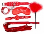 КОМПЛЕКТ (наручники, маска, кляп, плеть, щекоталка с пухом) цвет красный, PVC, текстиль 