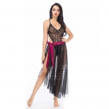 Эротическое боди с прозрачной юбкой на бордовой атласной ленте LeShaLi, черное - S/L