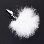 Анальная пробка металлическая с хвостом белого цвета как у кролика Джага-Джага, серебристая