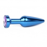 Тонкая металлическая анальная пробка синяя со светло-фиолетовым кристаллом, длина 113 мм, диаметр 29