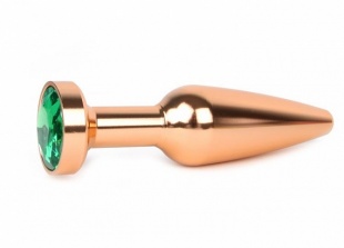 Удлиненная коническая гладкая золотистая анальная втулка с зеленым кристаллом - 11,3 см.