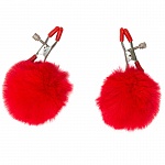 Зажимы на соски с красными меховыми подвесками Party Hard Angelic Red, красные