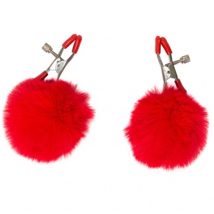 Зажимы на соски с красными меховыми подвесками Party Hard Angelic Red, красные