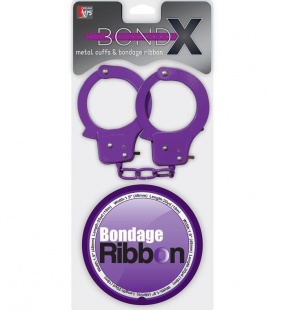 Комлект лента для бондажа и наручники из металла, фиолетовые