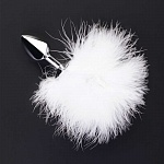 Анальная пробка металлическая с хвостом белого цвета как у кролика Джага-Джага, серебристая