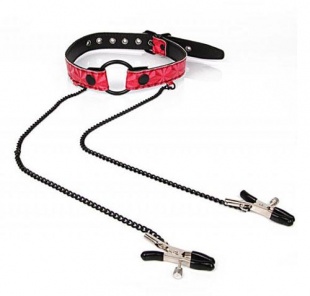 Кляп-кольцо с зажимами на соски красный