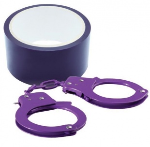 Комлект лента для бондажа и наручники из металла, фиолетовые